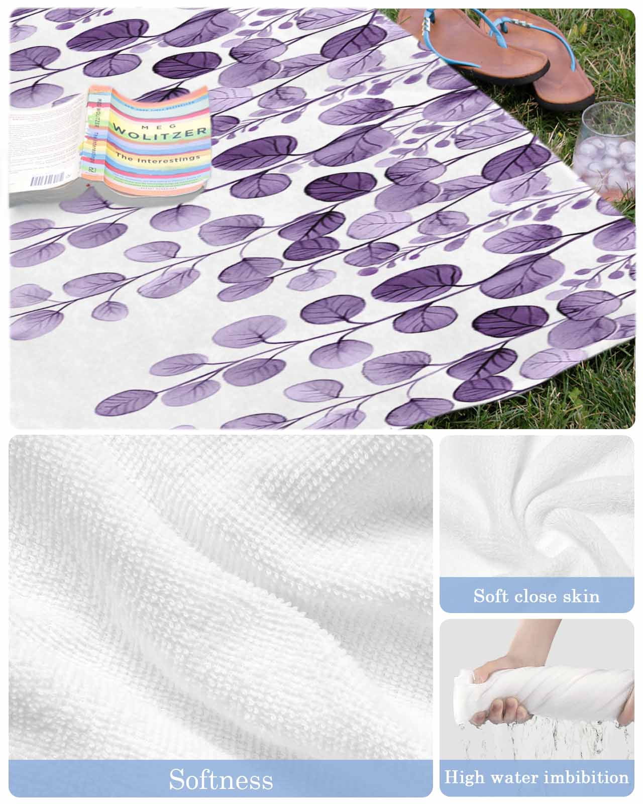 Purple Eucalyptus Leaves Beach Towels Oversized Super Absorbent, Watercolor Floral Leaf Plants Lightweight Bath Towel Quick Dry Sets For Bathroom/Pool/Rv Camping/Beach Play/Gym Room/Picnic 23"x47"