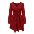 thumbnail image 4 of Herrnalise Women's Solid Color Tie Long Sleeve IrregularRuffle V-Neck Dresses S-XL, 4 of 7