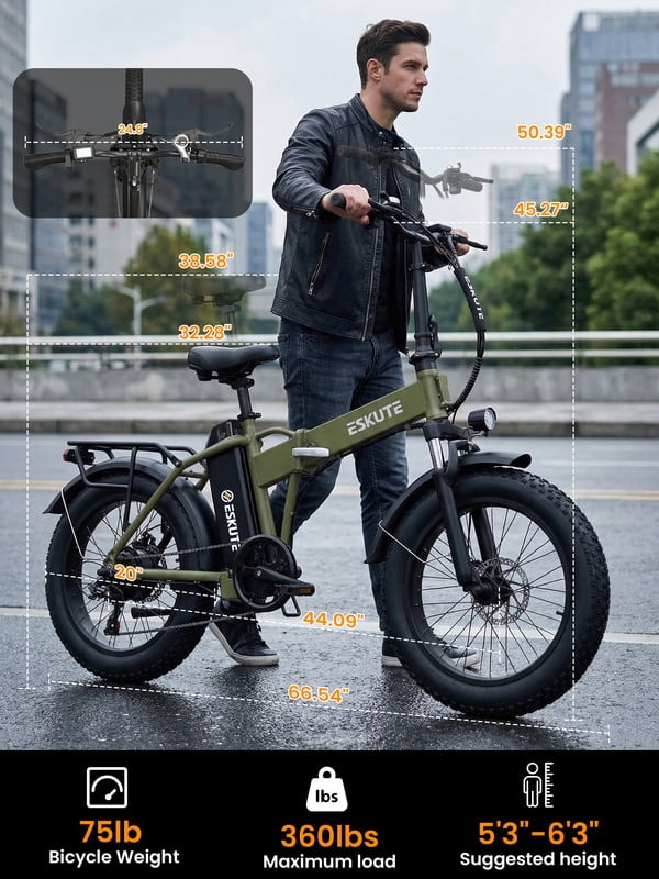 ESKUTE D300 Electric Bike for Adults, Folding Ebike with 1200W Peak Motor 28MPH, 48V 20.8Ah Removable Battery, 20"x4.0" Fat Tires, 80 Miles 7-Speed Gear, NFC Unlock,Green with Phonebag & Lock, UL2849