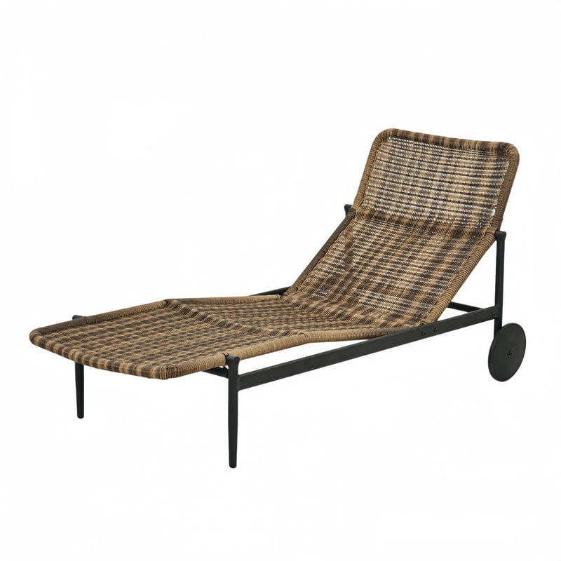 1Pcs Outdoor Poolside Chaise Lounge Single Daybed with Wheels, Patio Rattan Lounge Chair with Cushion