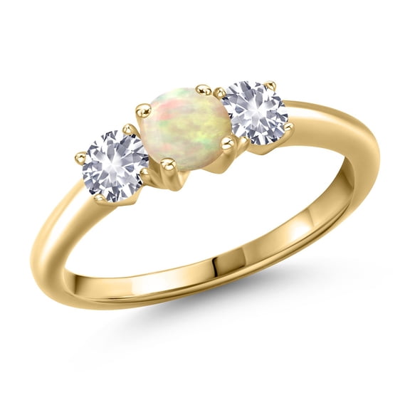 Gem Stone King 10K Yellow Gold White Ethiopian Opal and White Created Sapphire Engagement Ring for Women | 0.80 Cttw | Round Cabochon 5MM | Gemstone October Birthstone | Size 8