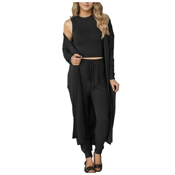 felwors 3 Piece Lounge Sets for Women Airplane Travel Outfits 2025 Fall Cardigan Sleeveless Top Pants Sets Matching Clothing Black, L
