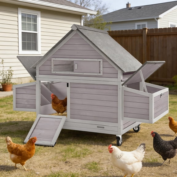 Suumerpety Extra Large Chicken Coop for 6-8 Chickens  Wooden Hen House Movable Chicken House with 6 Nesting Box Wheels and Leakproof Pull-out Tray Gray