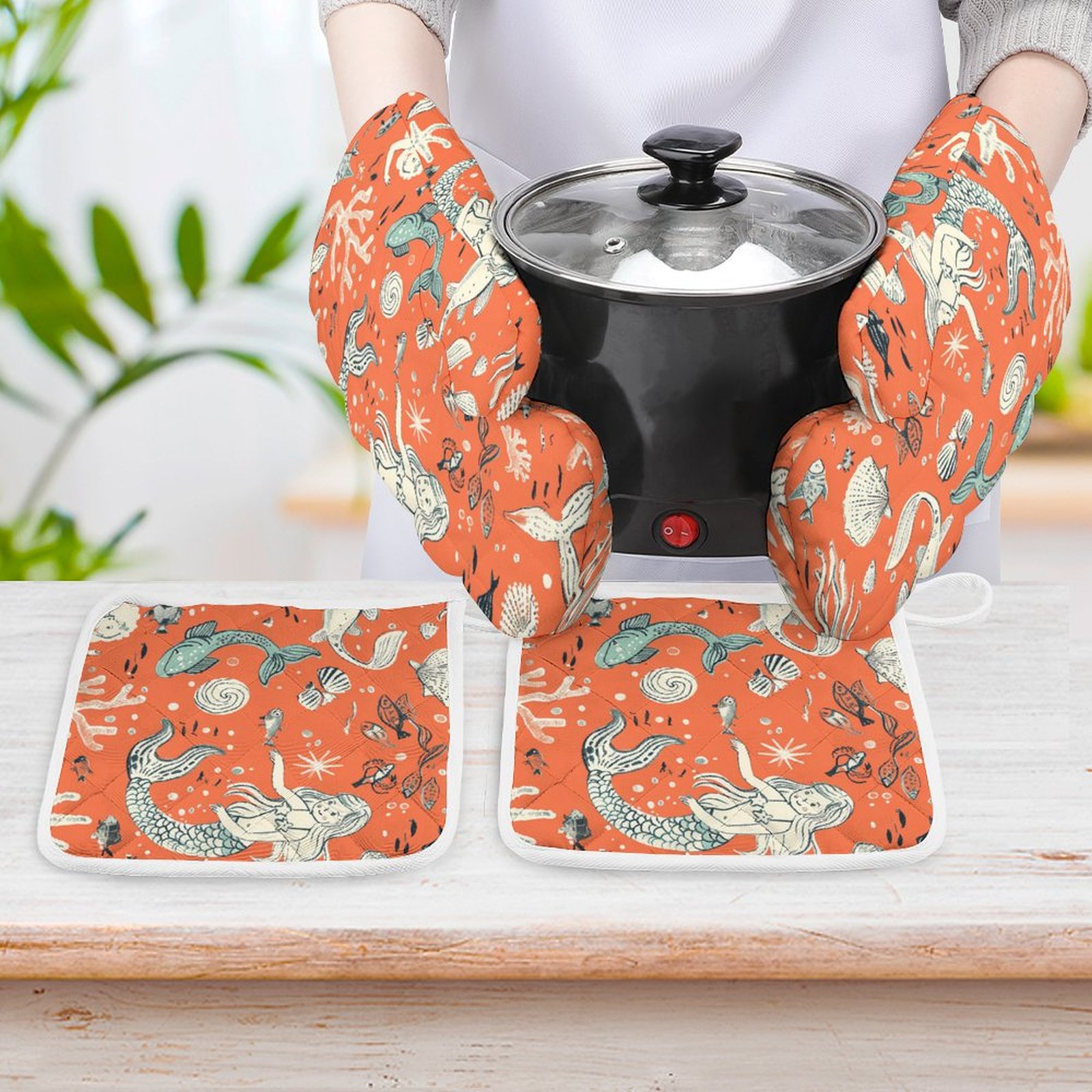Ocean Cute Mermaid Oven And Pot Holders Sets, Heat Resistant Pads Kitchen Decor for Cooking Baking BBQ Grilling, Christmas Kitchen Gifts
