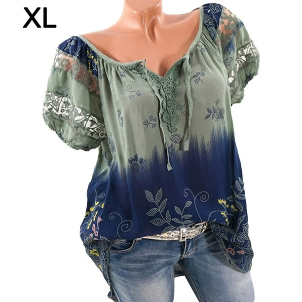 Blusa Camisa estampada de manga corta con cuello en V Blusa suelta Mujer Top de verano, Verde oscuro, XL tholdsy AP001925-52