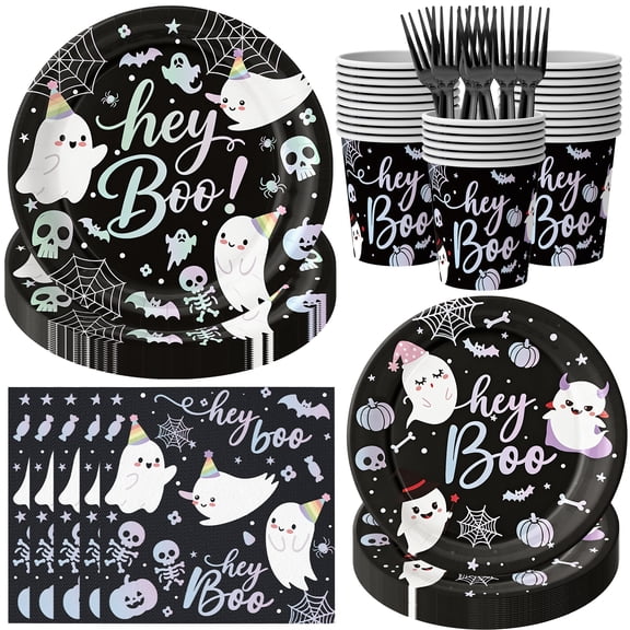 125PCS Hey Boo Ghost Halloween Tableware Set for 25 Guests, Includes 9" & 7" Paper Plates, Napkins, Cups & Plastic Forks, Pastel Ghost Party Supplies for Kids, Halloween Birthday Party