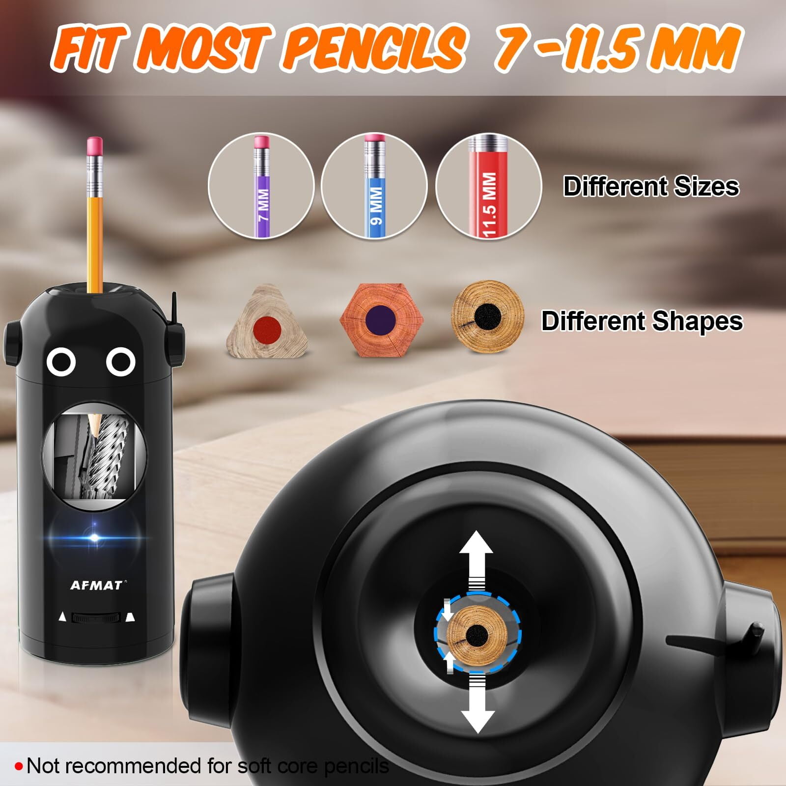AFMAT Electric Pencil Sharpener for 7-11.5mm, Auto in & Out, Fully Automatic Rechargeable Hands-Free Pencil Sharpener, Black,New,7.9"H