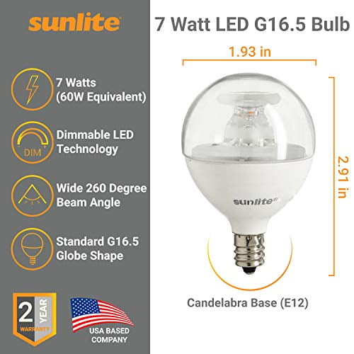Sunlite LED G16 Globe 7W (60W Equivalent) Bulb Candelabra (E12) Base, Warm White 3 Pack
