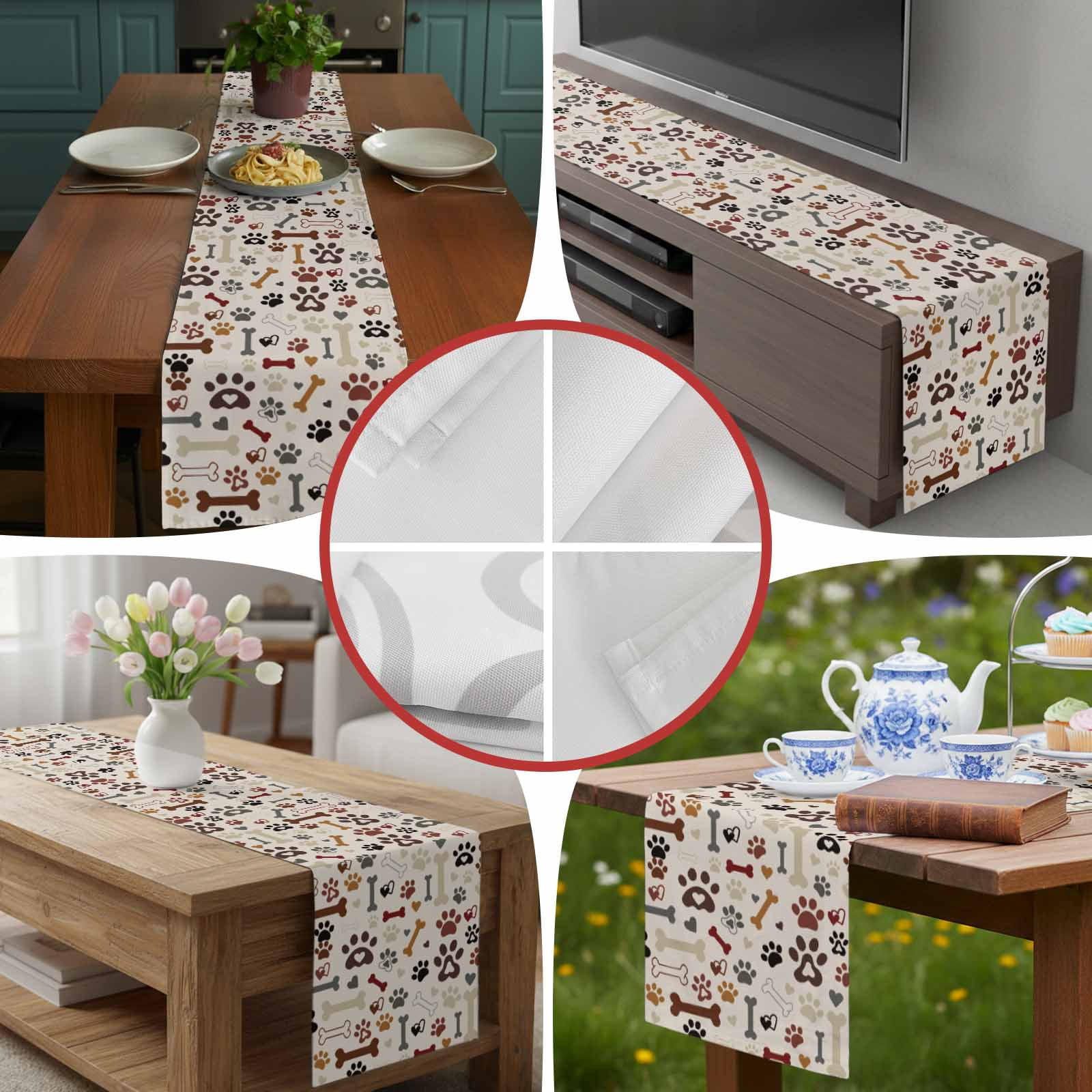 Seamless Dog Paw Bone Texture Table Runner 90 Inches Long, Pet Claw Love Heart on Khaki Table Runners Tabletop Scarf Kitchen Dining Tables Decoration for Home Party Indoor Outdoor