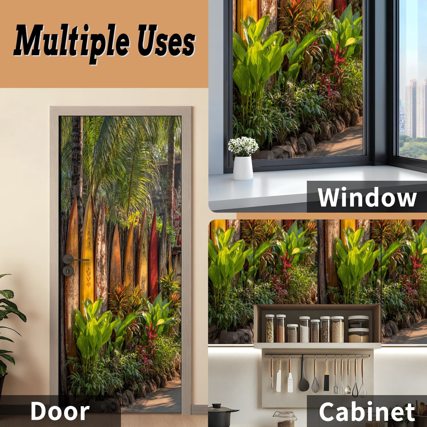 Self Adhesive Vinyl Refrigerator Wrap Set Surfboard fence Maui front Door Mural Removable Fridge Sticker Peel and Stick&nbsp;Full Door Cover Decal Kitchen Bar Decor