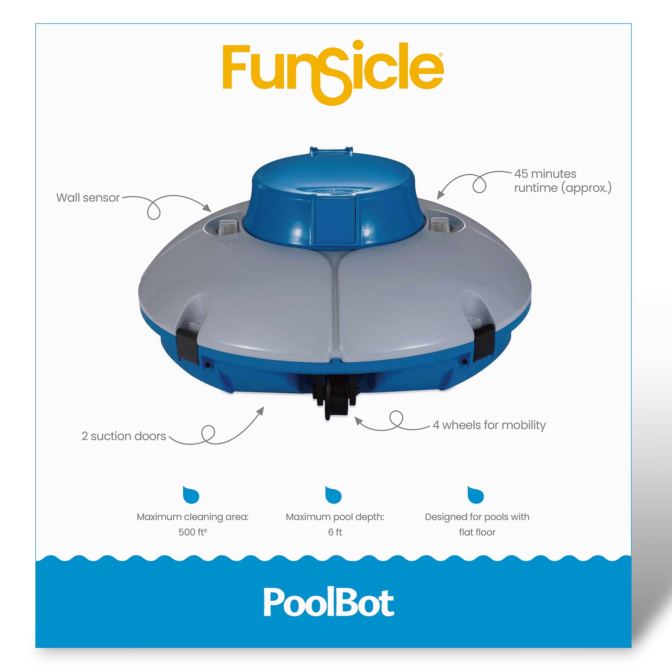 Funsicle PoolBot Robotic Pool Cleaner, for Above Ground & in-Ground Pool Use, Adult
