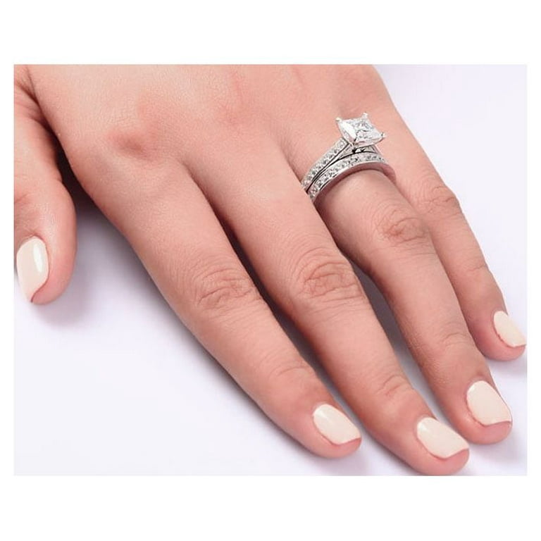 1.50 Carat Princess Cut Moissanite Wedding Set - Bridal Set - Channel Set  Ring - Handmade Ring - 18k White Gold Over Silver
