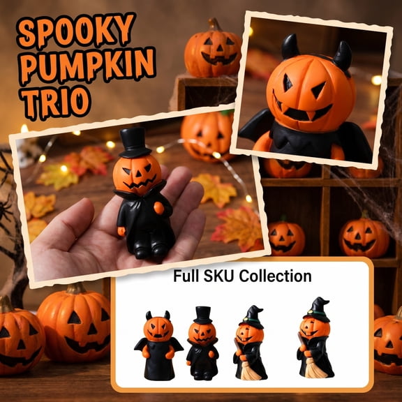 Halloween Decorations for Home, Pumpkin Decor, Indoor Halloween Decorations, Jack O Lantern Decor, 3 Piece 3X3 Inch Cute Resin Halloween Pumpkin Character Statue Set with Witch