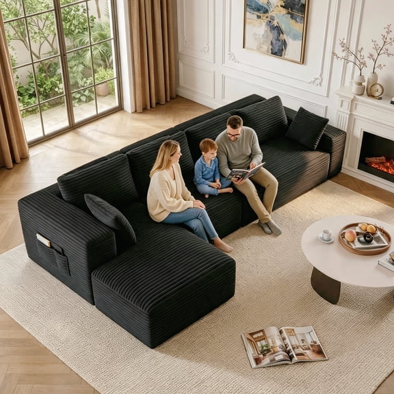 135" Black Boneless Cloud Sectional Couches for Living Room, Oversized Comfort, L-Shaped Modular Sofa Set, 2 Side Pockets, Corduroy Fabric, No Assembly