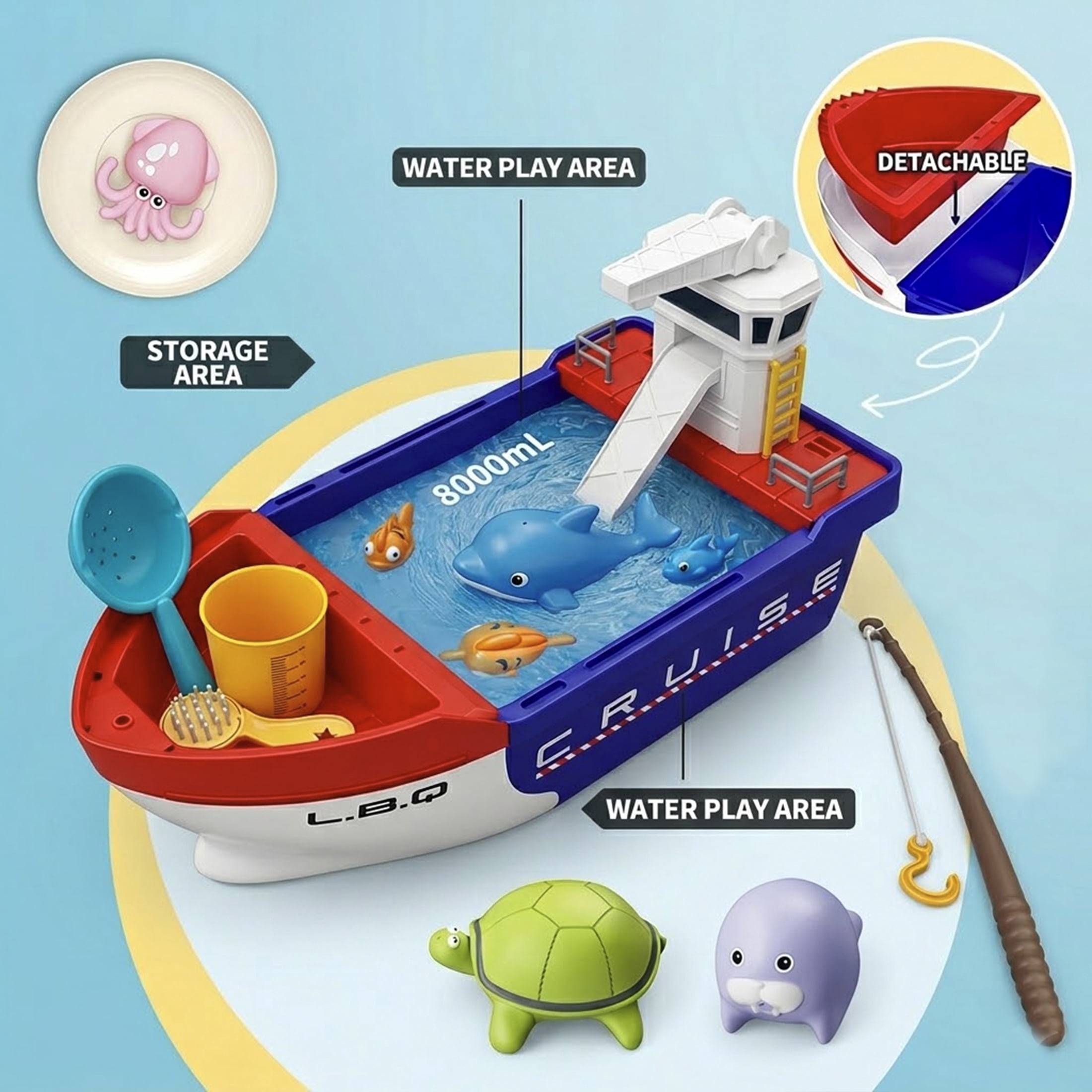 3-in-1 Water Cruise Ship Fishing Toy Set with Crane Rods Marine Animals