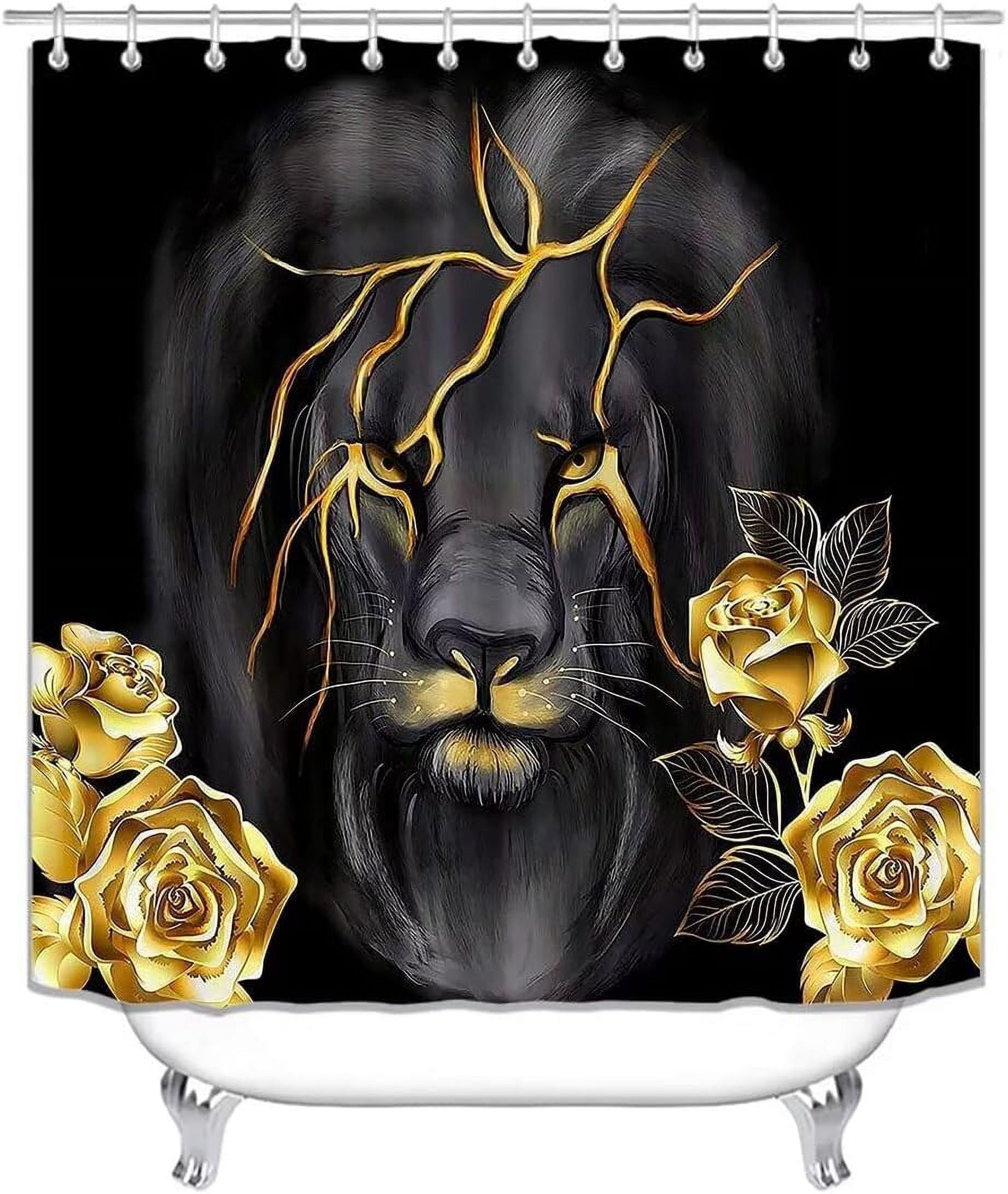 4 PCS Gold Rose and Lion Bathroom Set with Shower Curtain Set with Rugs, Gold Bathroom assessories, Black Lion Shower Curtain