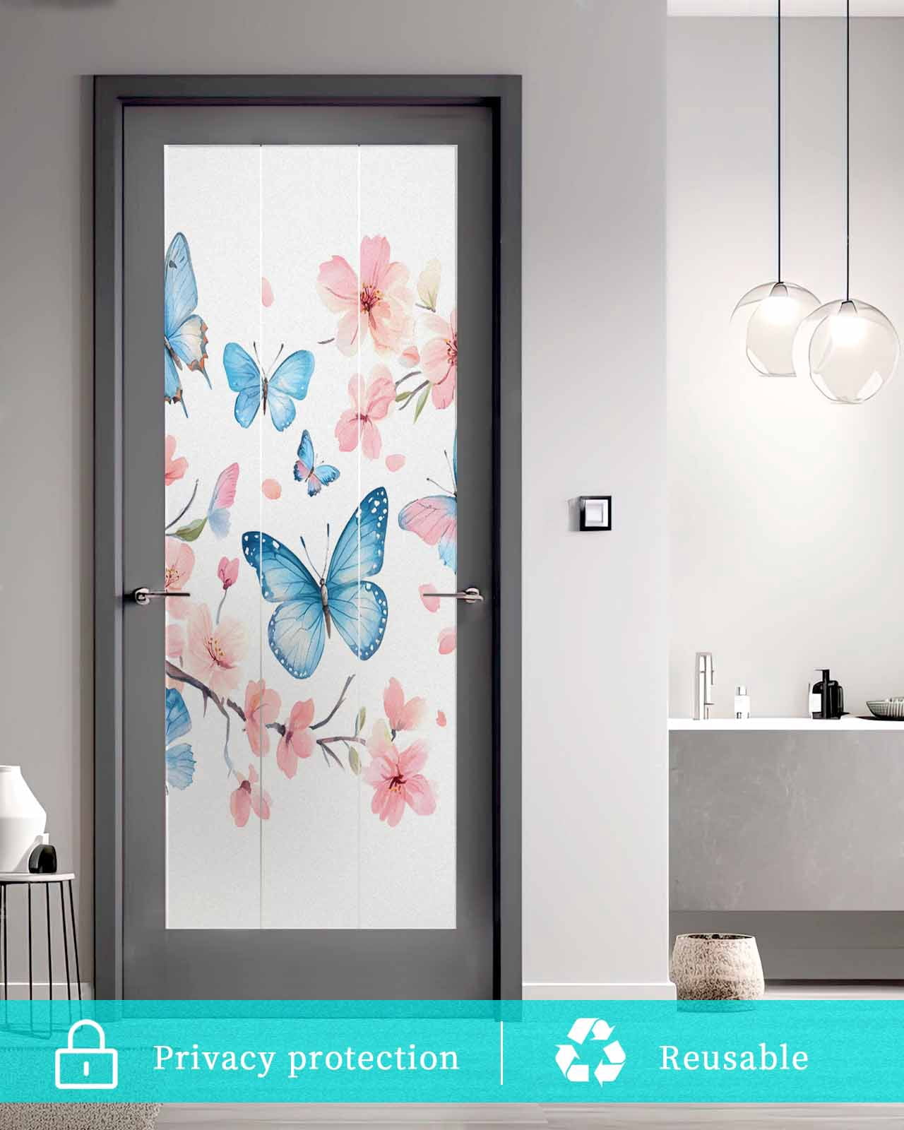 Window Privacy Film Blue Butterfly Stained Glass Window Film Decorative Sun Block Window Cover Watercolor Spring Natural Flowers Window Clings Static Adhesive Sticker for Bathroom 23.6"x59"