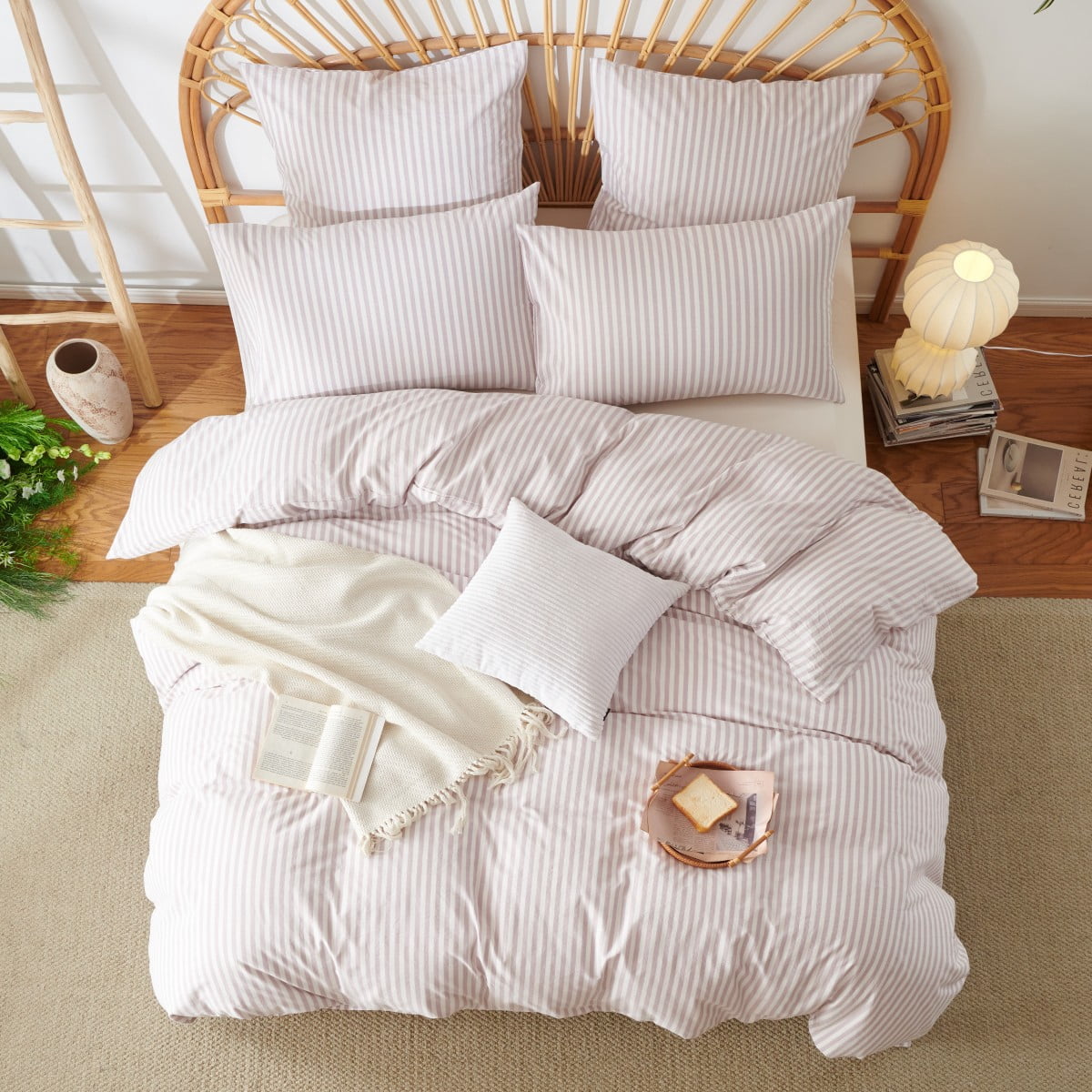 JOLUSERE 100% Cotton Striped Duvet Cover Queen Set, 3-Piece Linen Like Textured Breathable Comforter Cover(Greyish Pink& White Classic Stripes)