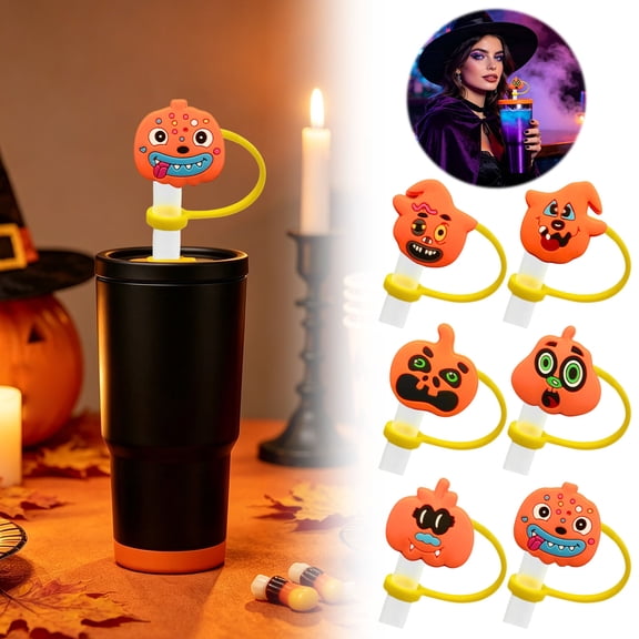 Aoznliie Straw Toppers, 10Pcs Silicone Straw Covers with Cute Pumpkin Skull Ghost Designs,Reusable Drink Straw Accessories for Halloween Party,4x2x2in
