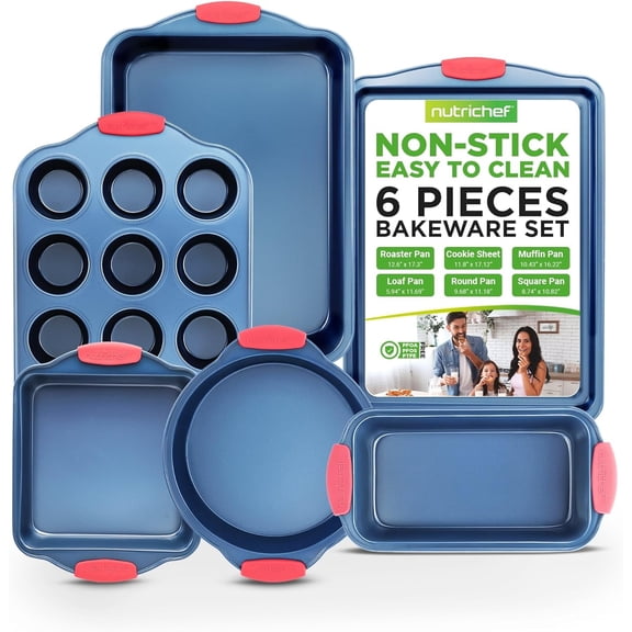 6-Piece Nonstick Bakeware Set - PFOA, PFOS, PTFE-Free Carbon Steel Baking Trays w/Heat safe Silicone Handles, Oven Safe Up to 450°F, Loaf Muffin Roaster/Round/Square Pans, Cookie Sheet
