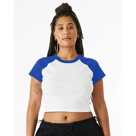 Bella & Canvas B16006116 Women Micro Rib Raglan Baby T-Shirt, White & True Royal - Extra Large