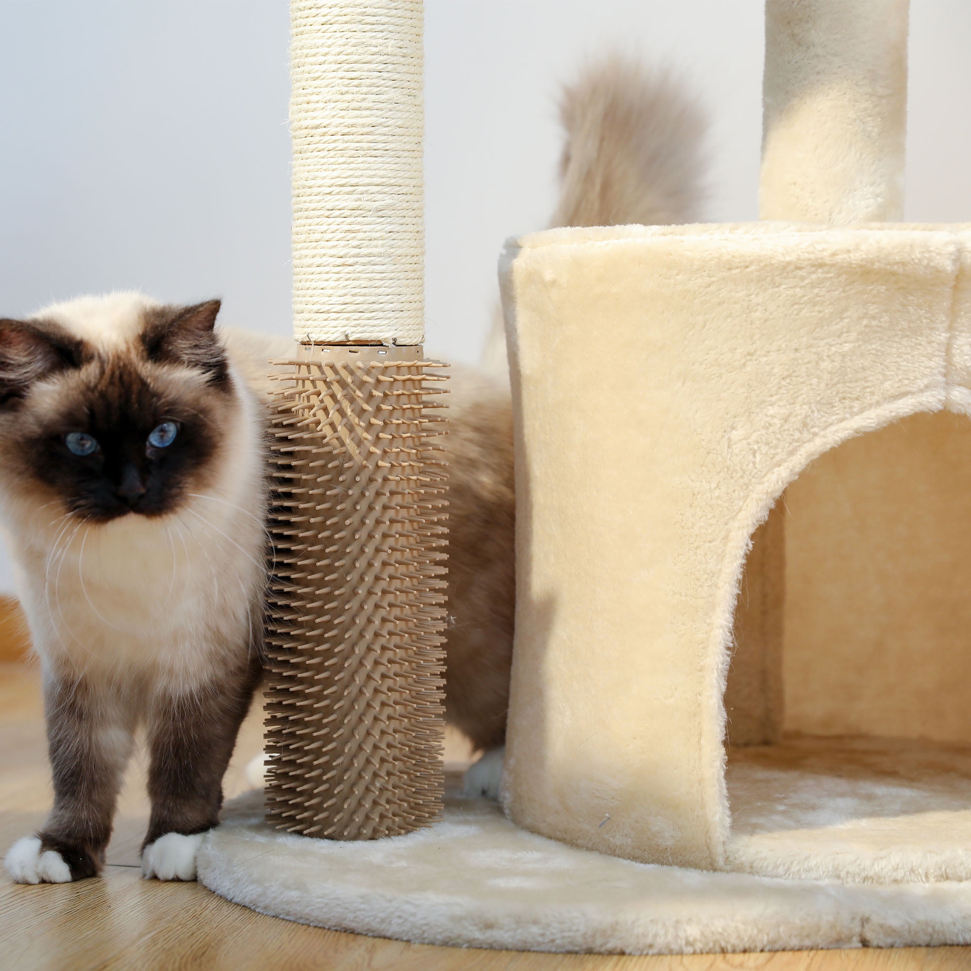 Pefilos 32" Cat Tree Indoor with Self Groomer Brush, Sisal Scratching Post, Dangling Ball, Wood Cat Condo Tower for Small, Medium Cats, Beige Pefilos 32" Cat Tree Indoor with Self Groomer Brush, Sisal Scratching Post, Dangling Ball, Wood Cat Condo Tower for Small, Medium Cats, Beige