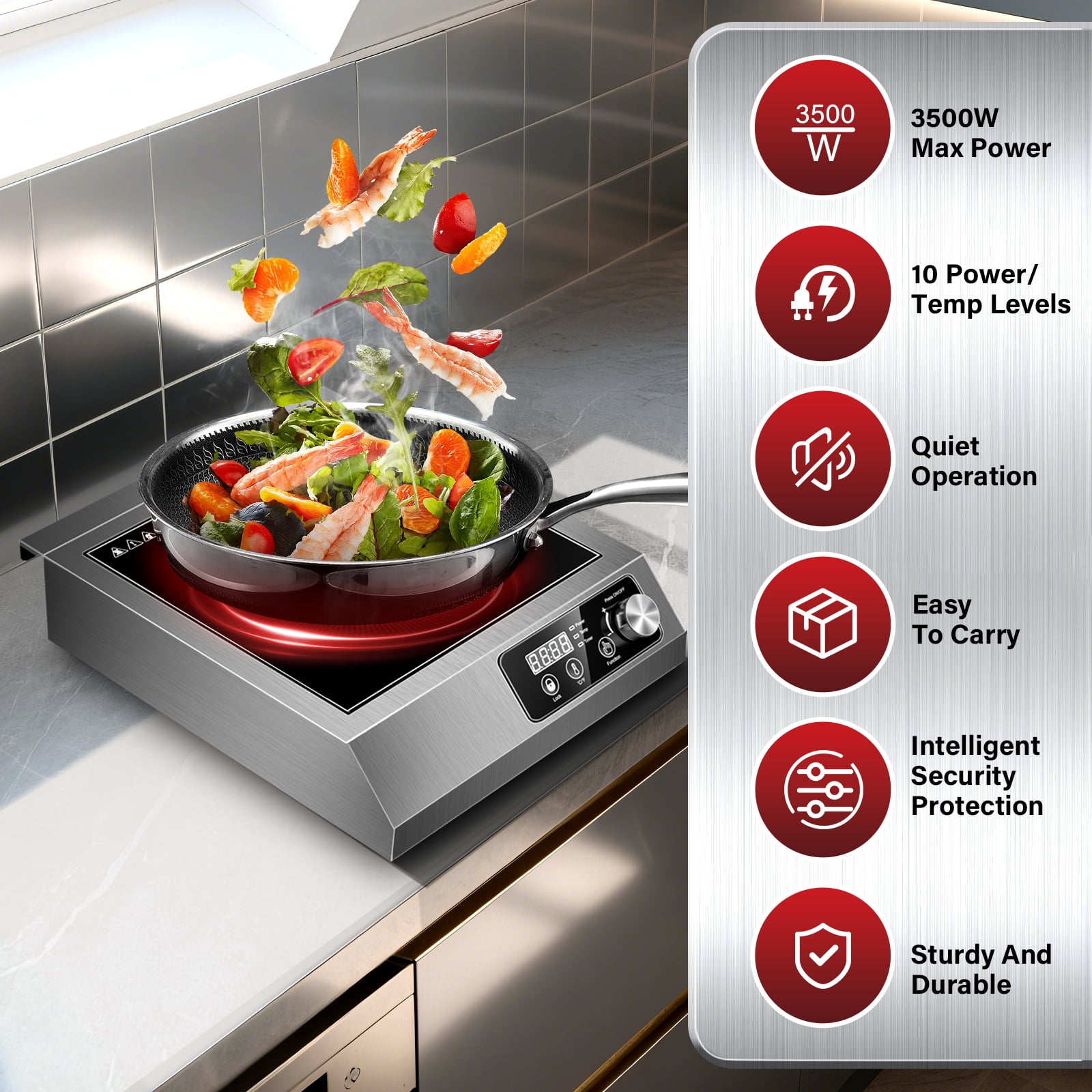 Zomagas 1800W Commercial Induction Cooktop – Portable, ETL-Certified, 10 Temp/Power Levels (140°F-460°F), Stainless Steel, Knob Control, Child Lock – For Restaurant, Home & Outdoor Use‌