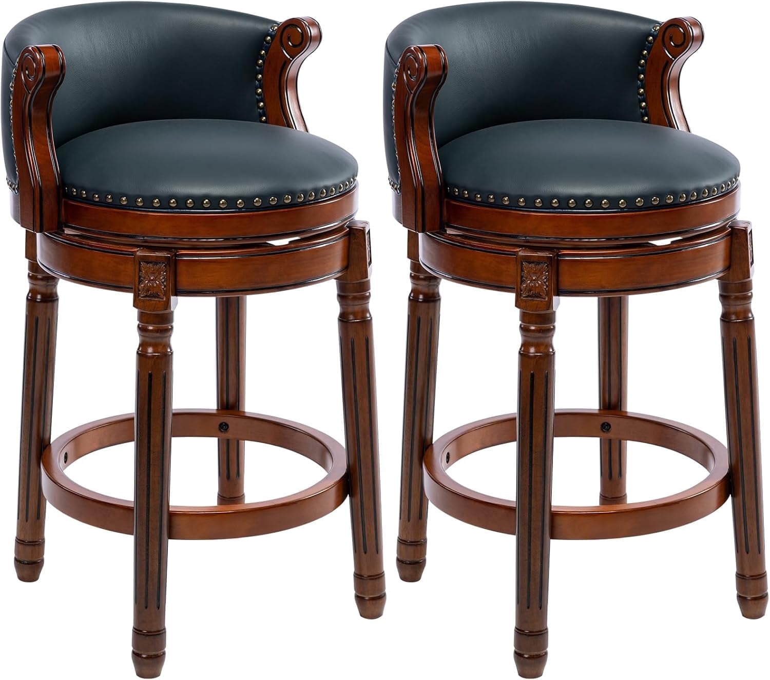 Aulife set of 2 Bar Stools Genuine Leather Counter Height barstool Wooden Swivel kitchen Stool with Footrest for Kitchen Dining Room Navy