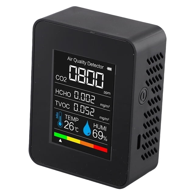 Air Quality Monitor 5in1 Indoor Carbon Dioxide Detector Formaldehyde HCHO TVOC in a compact black design with a 1.9-inch LED display. The screen shows real-time readings for CO2, HCHO, TVOC, temperature, and humidity, with colour-coded indicators for air quality levels. The device features a multi-mesh shell for efficient air circulation and a side power button for easy operation. Portable and rechargeable with a 1200mAh battery, it includes a USB cable for convenient charging.