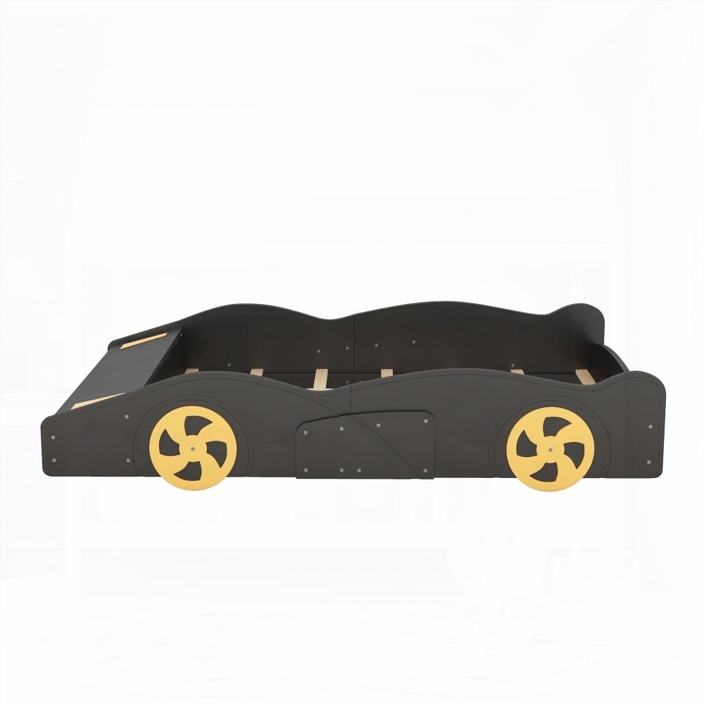 Solid Pine Wood Race Car Bed with Storage & Wheels | Black+Yellow