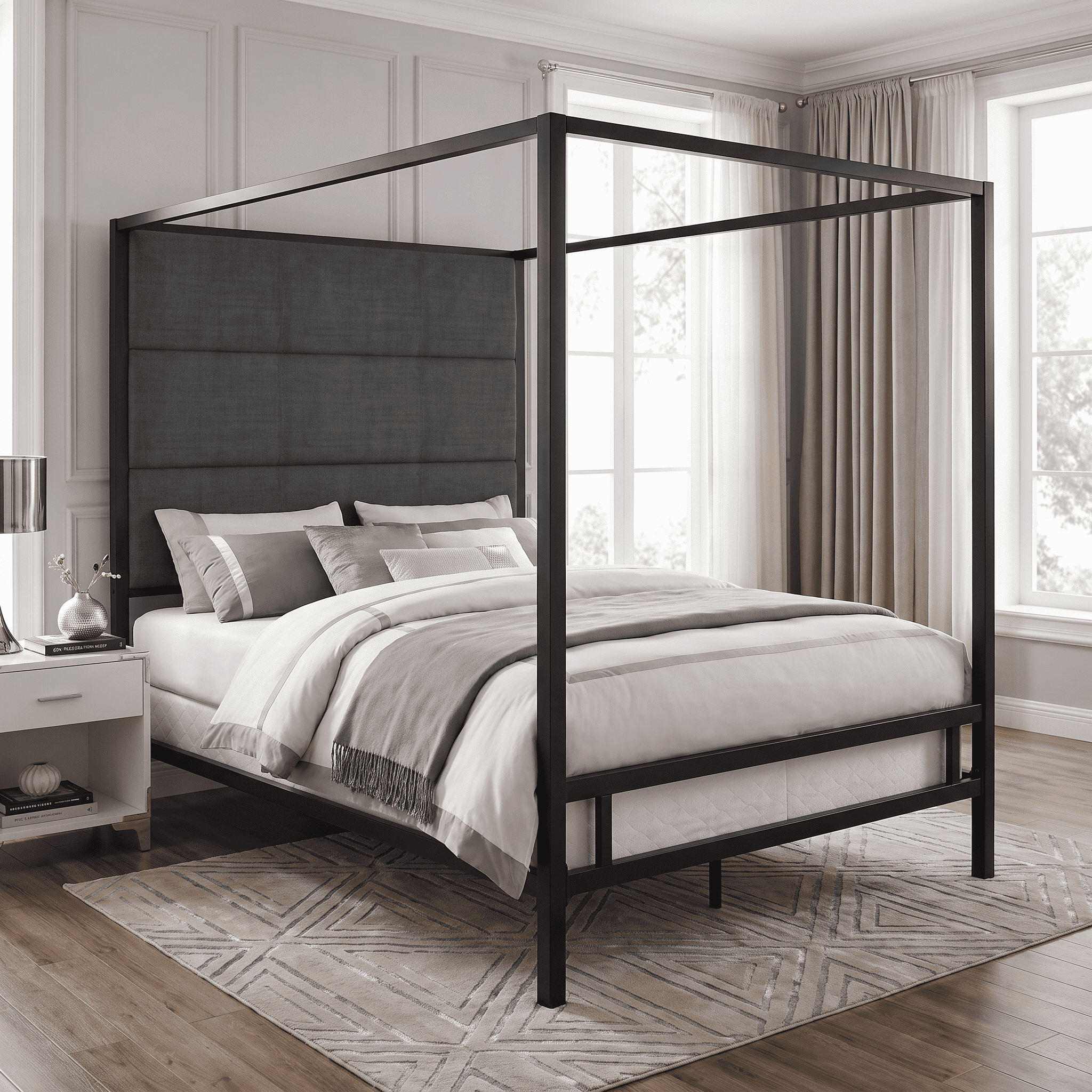 Euroco Metal King Size Canopy Bed with Linen Fabric Upholstered Headboard, 4-Poster Platform Bed, No Box Spring Needed, Black