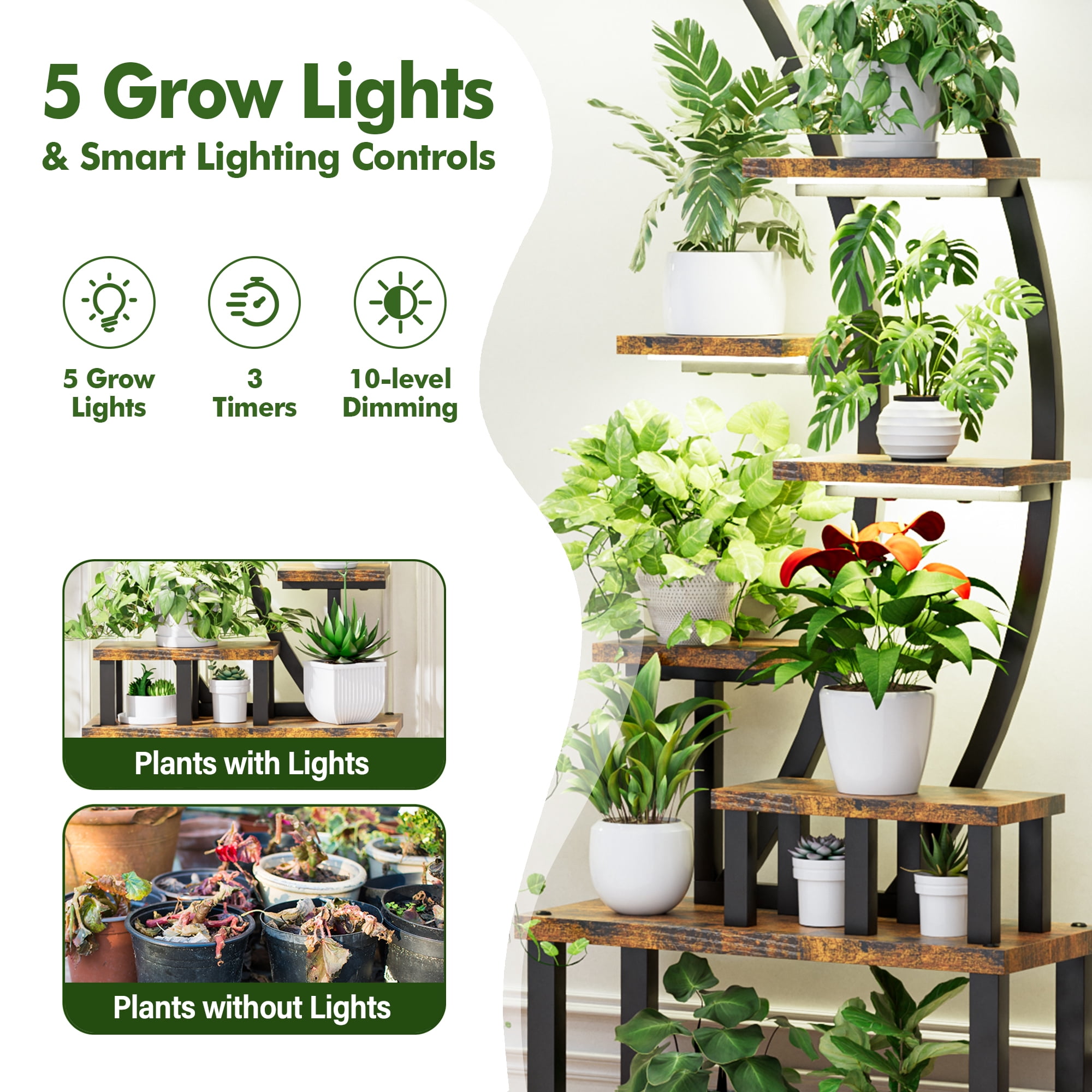 Aukfa 9-Tier Plant Stand with Full Spectrum Grow Lights & Timer, 63" Heavy Duty Tall Indoor Metal Plant Shelf, 2-Pack, Rustic Brown