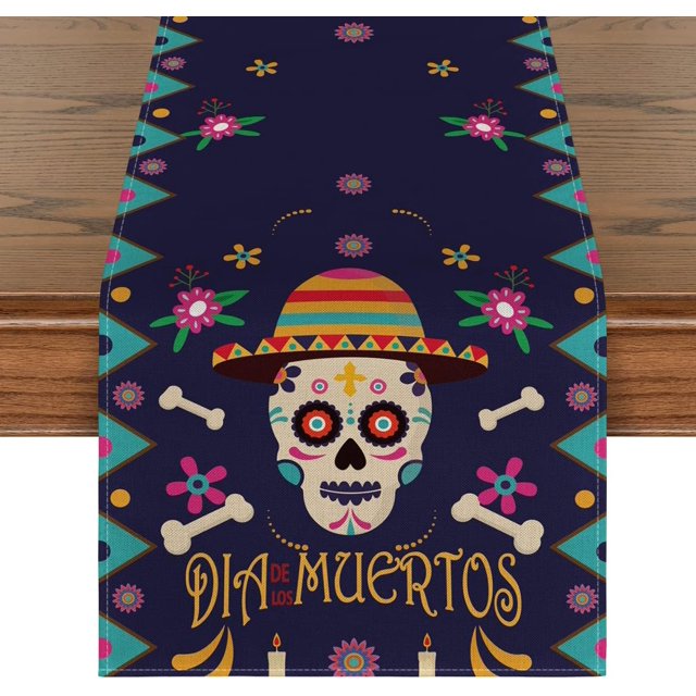 Mesa de esqueleto de 13 x 72 pulgadas, mesa de cocina decorada para el día de la muerte para reuniones familiares en interiores y exteriores