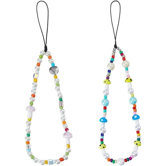 2Pcs Mushroom Beaded Phone Charm Strap Detachable Glass Resin Handmade Phone Case Short Lanyard Anti-Lost Beads Chain Keychain Wrist Straps Wristlet Bracelet Accessories for Women Gifts