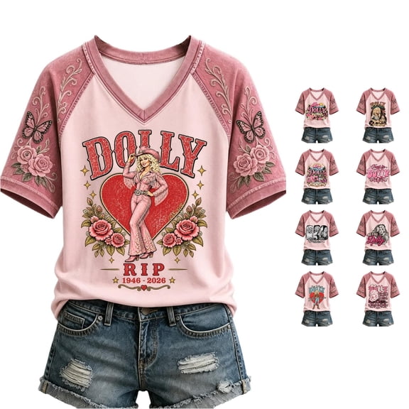 Women Vintage Dolly Shirt Parton Memorial T-Shirt Country Music Shirt Tops for Music Lovers Fashion T Shirts Women's V-Neck Graphic Tees,L