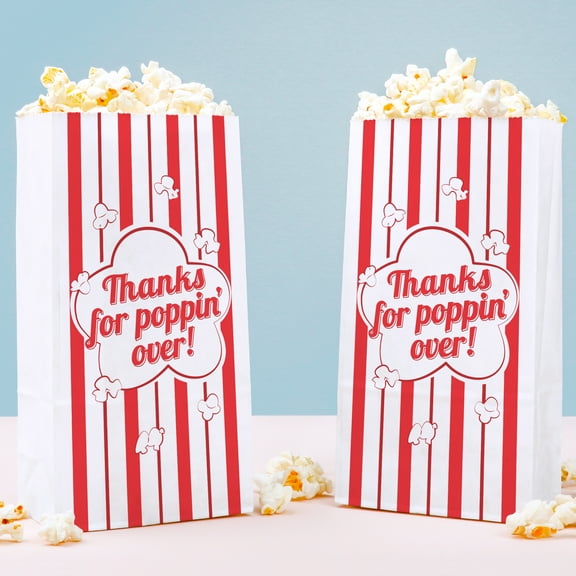 Big Dot of Happiness Movie Night Thanks for Popping Over Popcorn Bags, Party Favor Snack Treats, Free-Standing Individual White Paper Bags - 25 Count