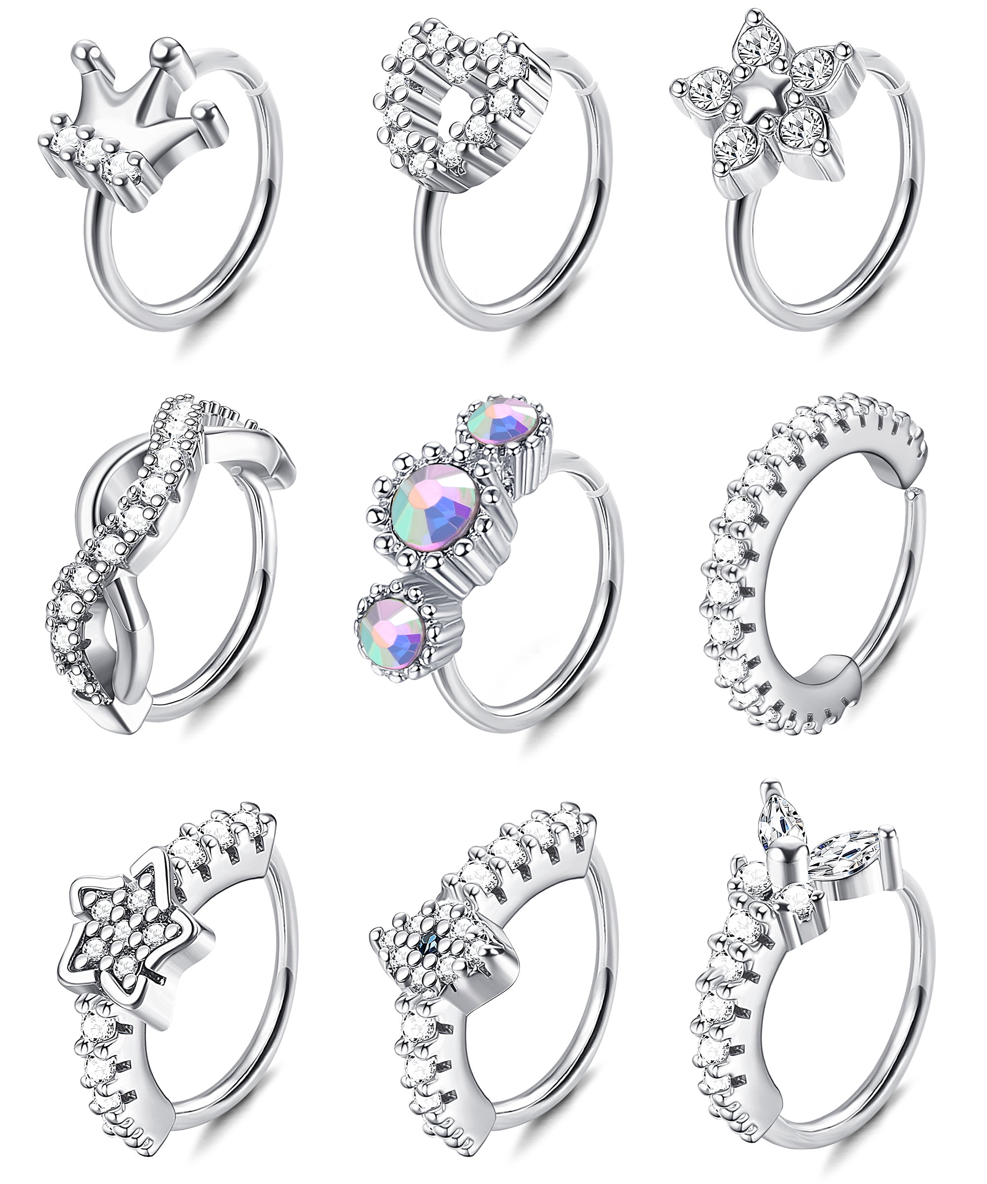LANTRO JS 9 PCS 20G Stainless Steel Nose Rings Hoop Paved CZ Cartilage Earring Nose Hoop Nose