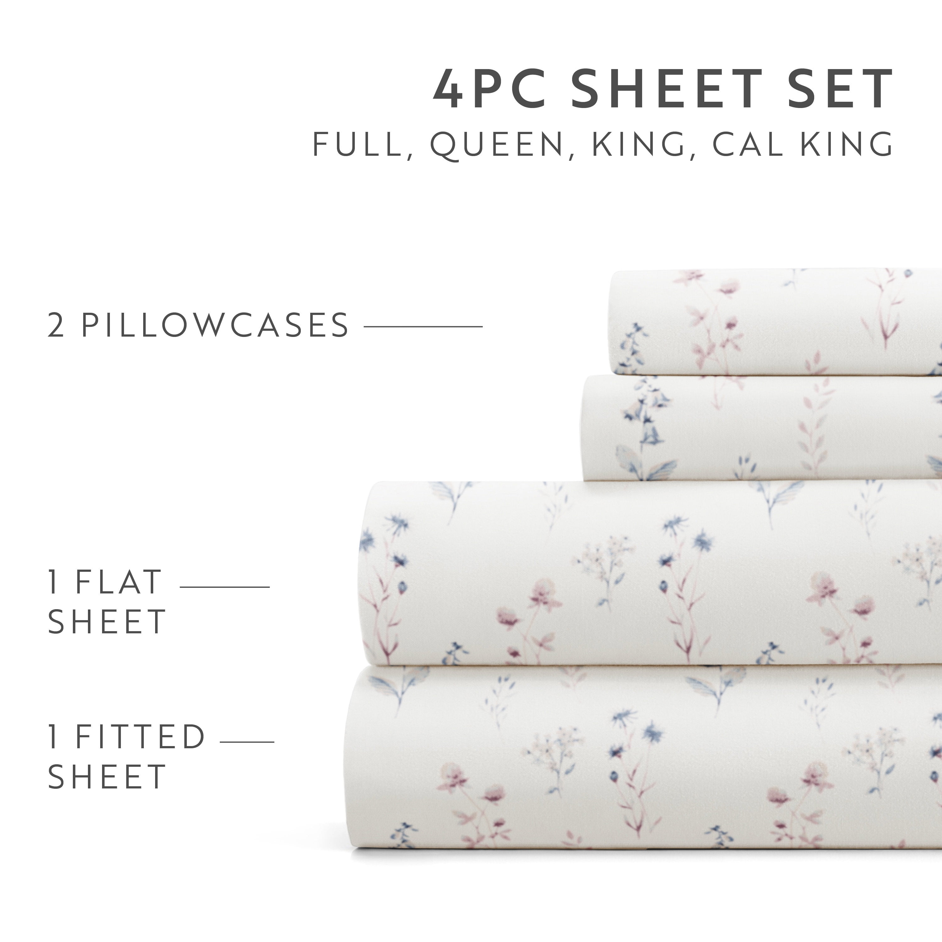 Noble Linens 4 Piece Pattern Microfiber Bed Sheets Set, Ivory Painted Meadow, Cal King