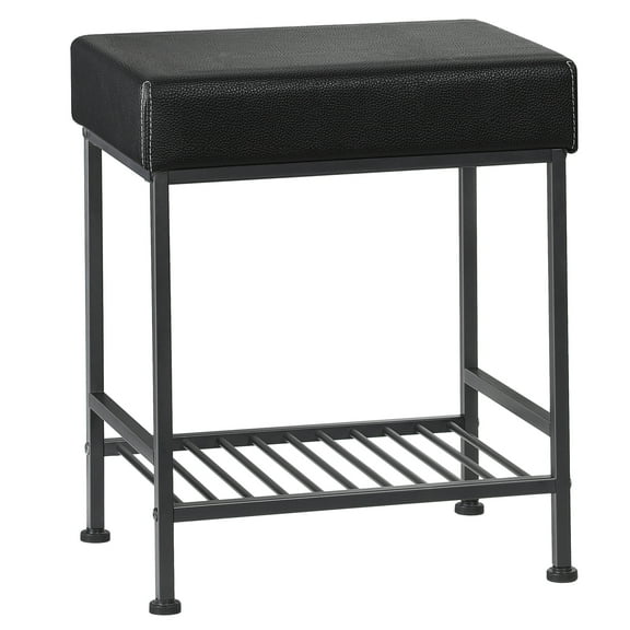 Vanity Stool, 19 Inch Faux Leather Makeup Stool with Storage Space, Ottoman Foot Rest with Metal Legs and Adjustable Feet for Bedroom, Living Room, Bathroom, Makeup Room, Black