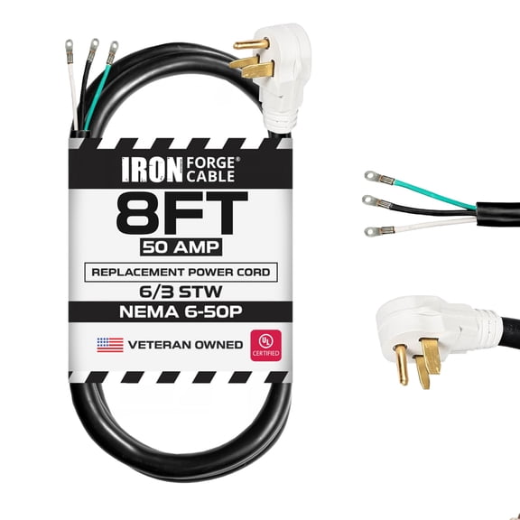 Iron Forge Cable NEMA 6-50 Extension Cord with Open End - 8ft 50 Amp EV Power Cord with Eyelet, 6/3 Gauge Replacement Cable - NEMA 6-50 Plug STW