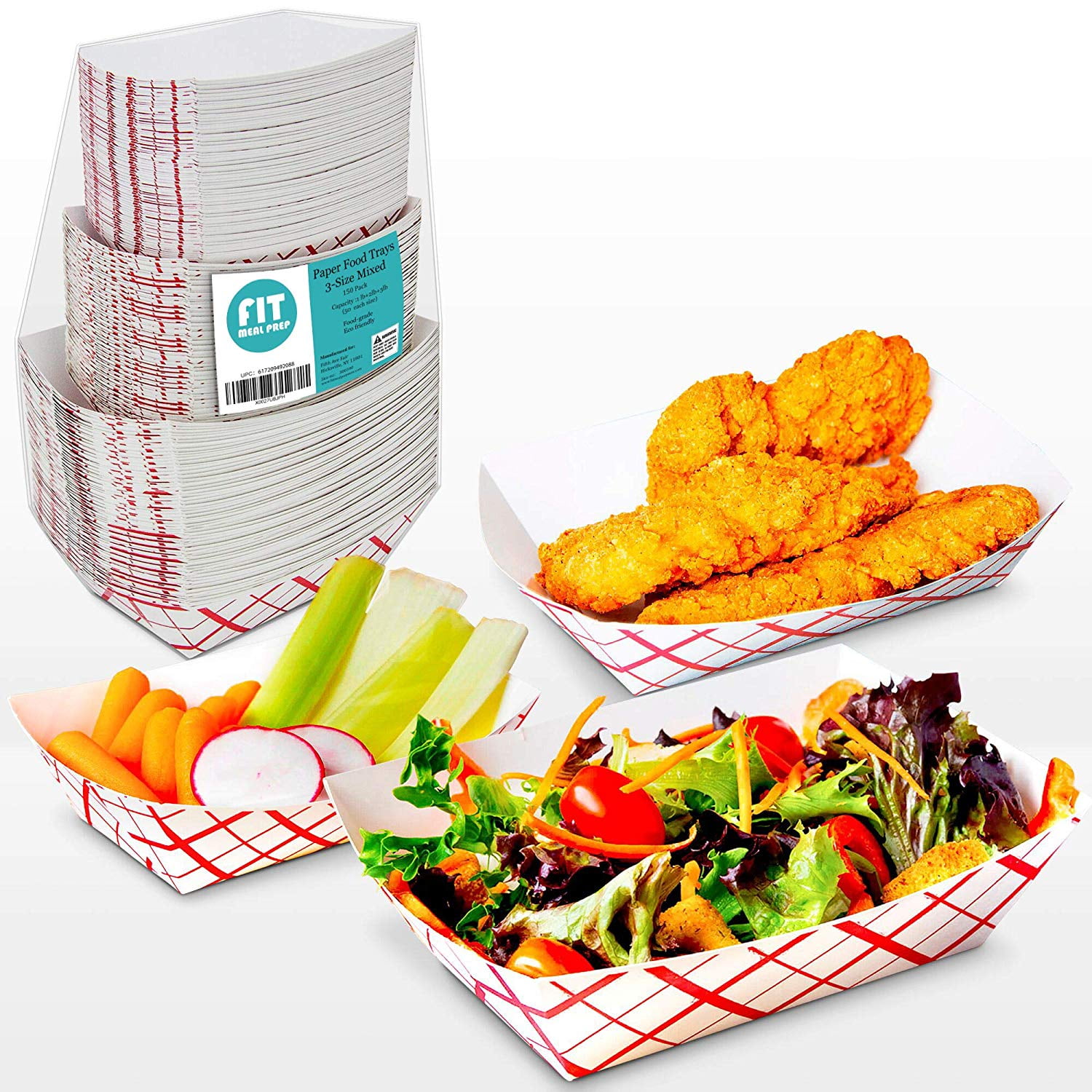 [150 Pack] 1lb, 2lb, 3lb Paper Food Trays Red White Disposable Grease
