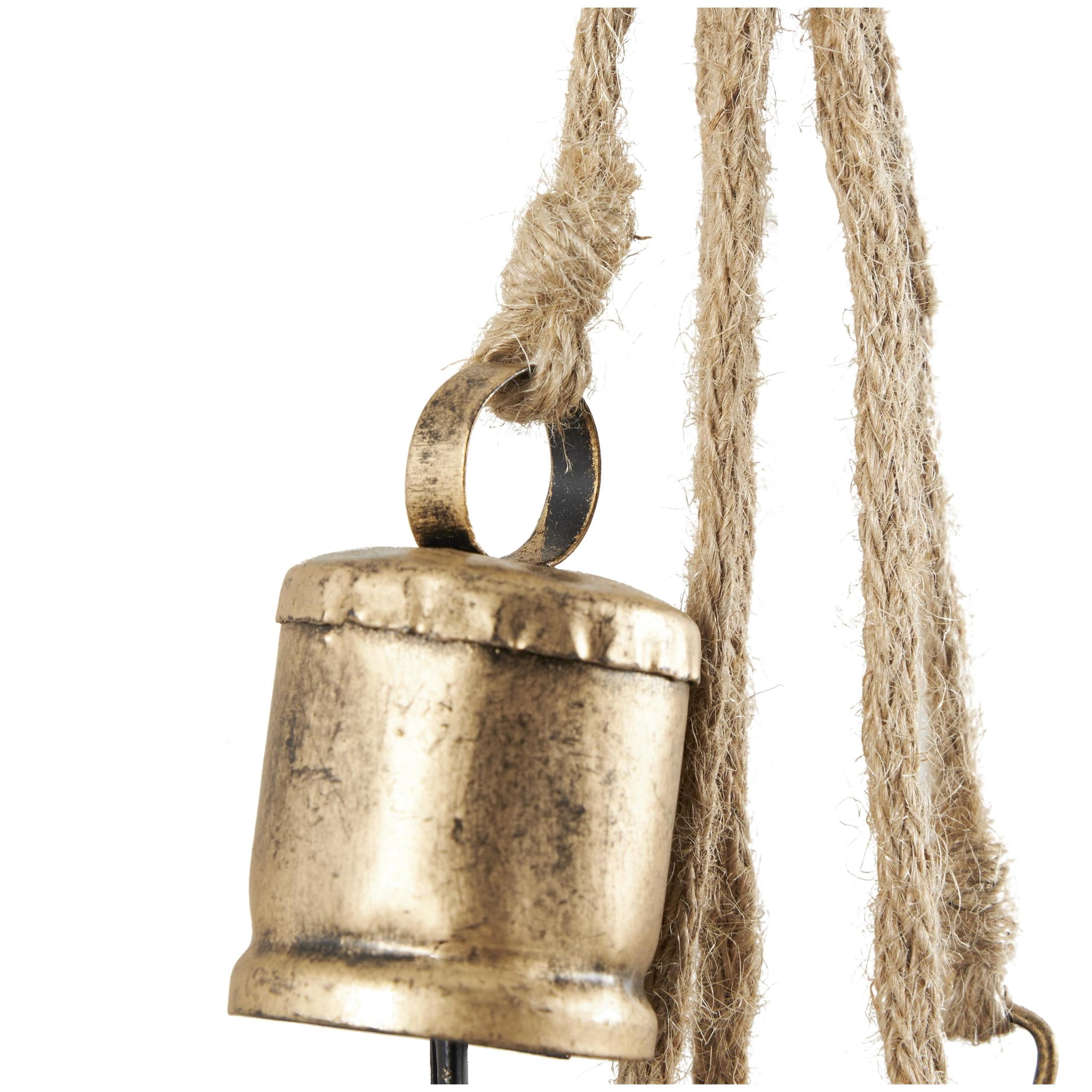 DecMode Tibetan Inspired Cascading Gold Metal Various Shapes Decorative Cow Bells with 5 Bells on Jute Hanging Rope