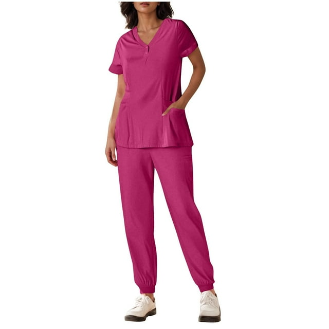 Yanlir Womens Button Down Solid Color Short Sleeve V Neck Blouse and Foot Binding Pants Set Fashion Two Piece Outfit(Hot Pink,M)