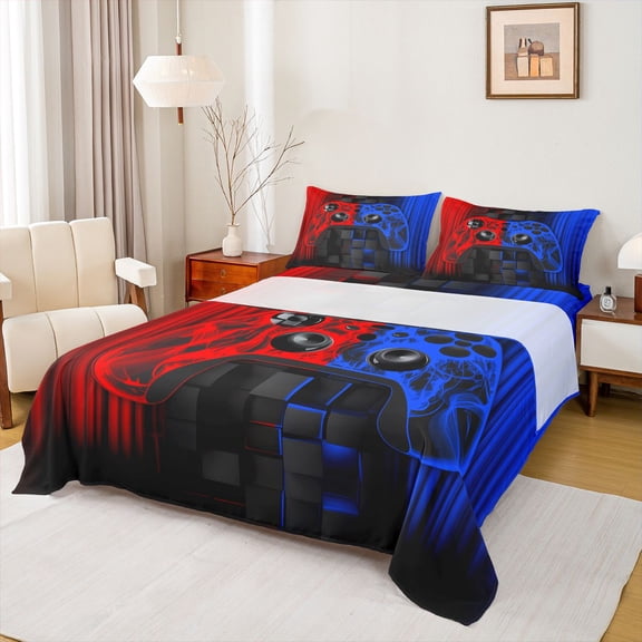 Castle Fairy Futuristic Cubes Gamepads Twin Sheet Sets,Black Blue Gamepads Bedding