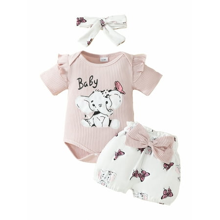 

Acuteok Baby Girls Summer Shorts Sets Flying Sleeve Letter Elephant Print Romper Lantern Shorts Headband Sets