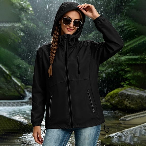 Mifsaly Waterproof Rain Jacket Women Hooded Lightweight Windbreaker Contrast Zipper Workout Hiking Camping Raincoat Black,M