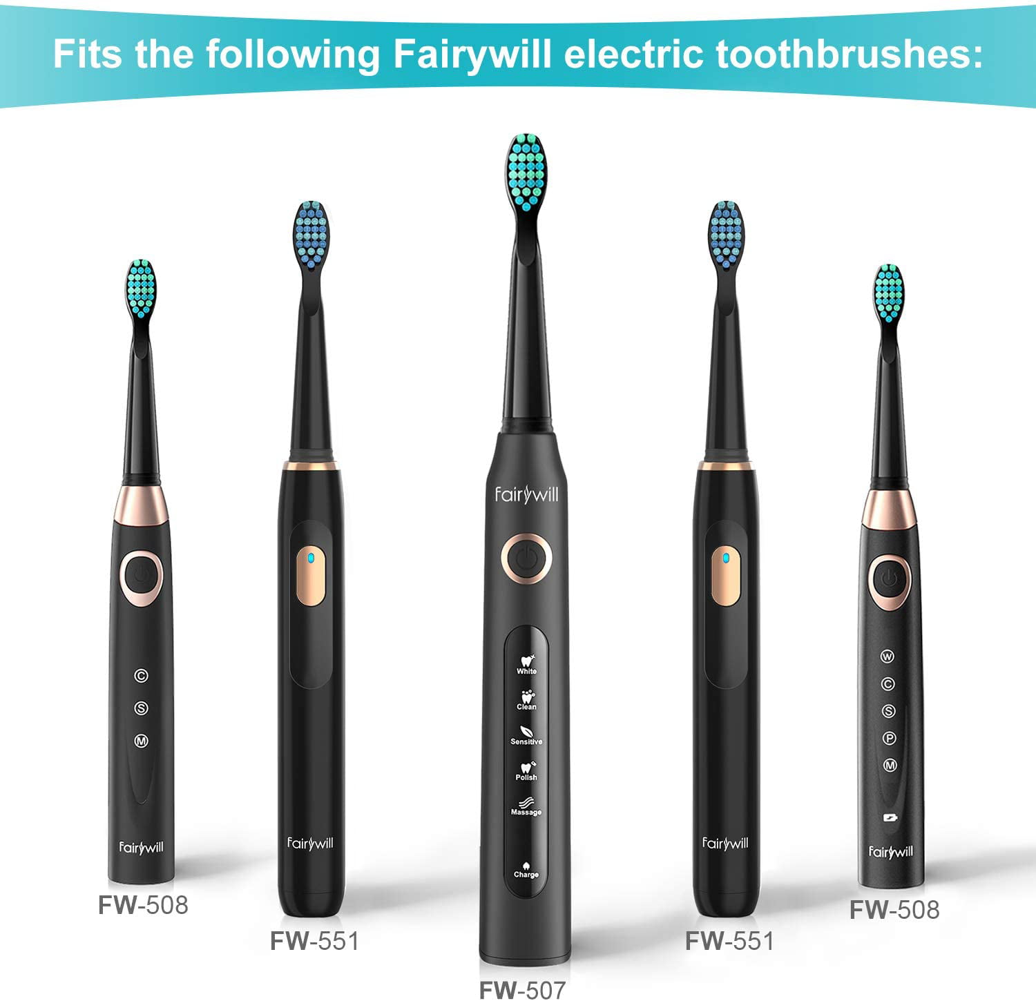 Fairywill Electric Toothbrush Brush Head X 4 For Models Of Fw 507 Fw 508 Fw 917 Fw 959 Sonic Toothbrushes Black Walmart Com Walmart Com