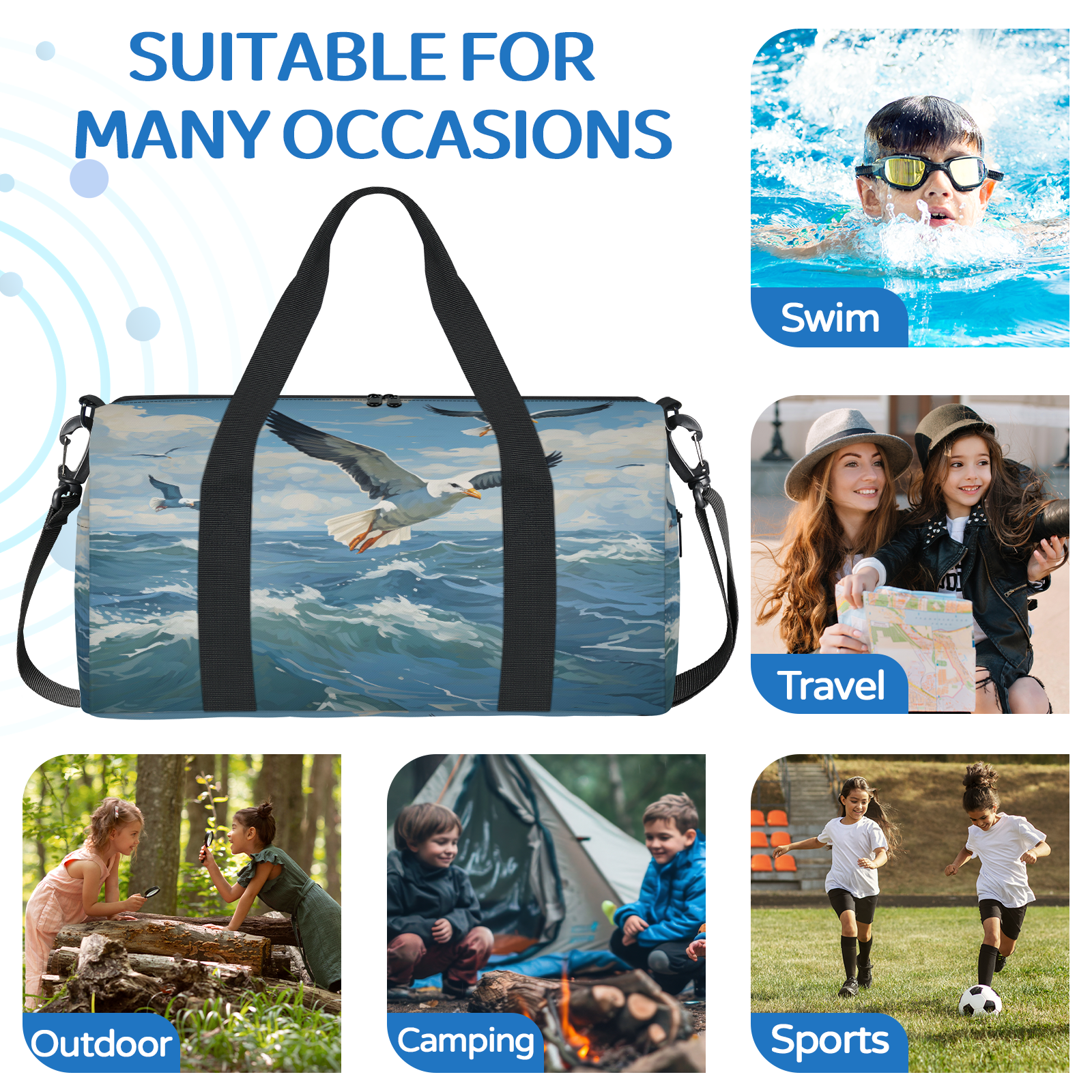 Herdesigns Seagull Gym Bag for Women, Duffle Bag for Travel Sport, Ocean Sea Bird Lightweight Waterproof Carry on Weekender Dance Yoga Workout Bags