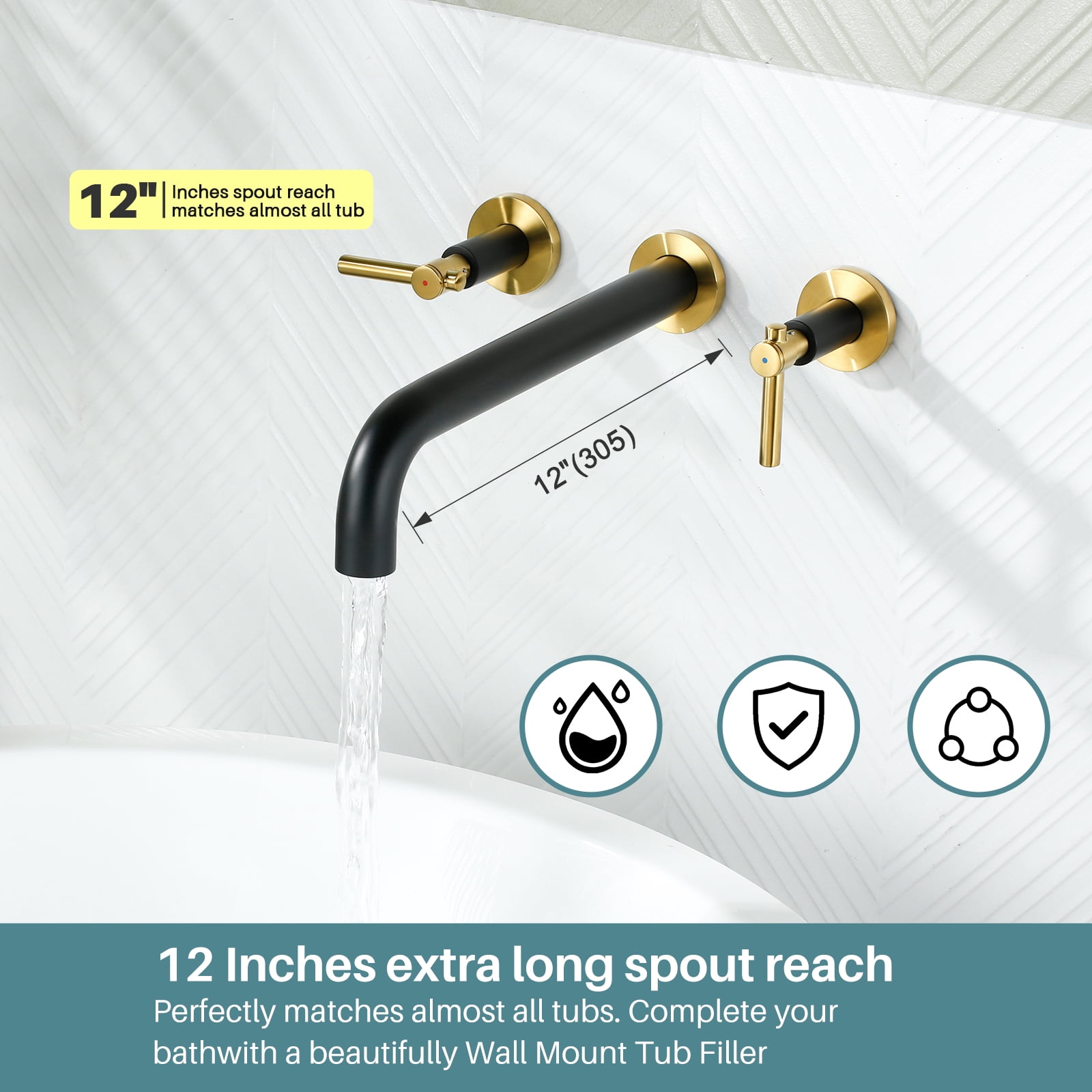 Wowow Cross Wall‑Mounted 2‑Handle Roman Tub Faucet with 12 in. Long Spout in Black and Gold, Brass Construction