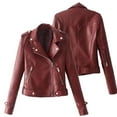 thumbnail image 3 of Flmtop Solid Color Women Faux Leather Lapel Motorcycle Jacket Long Sleeve Zip Up Coat, 3 of 7